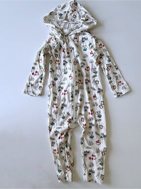 Tea Collection Cream Hooded Baby Romper with Animal Snack Print
